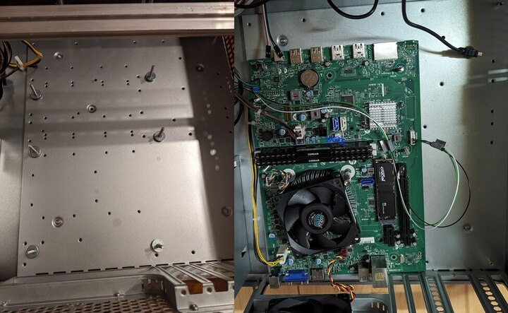 Getting the motherboard through the long screws wasn’t that easy, but I didn’t have shorter ones and the whole point was to make do with what was available here and now.