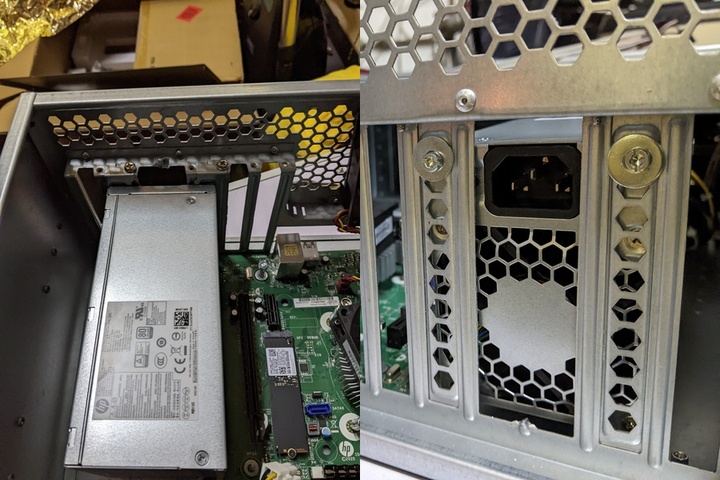 I removed two PCI placeholders to make space for the PSU fan. Ok it’s hackish but look at that picture on the left, the fit looks almost made on purpose!. Also it’s a lot more sturdy than it looks I promise!